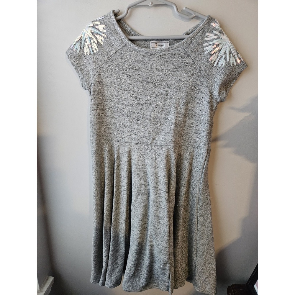 Disney Signed Girls Gray Skater Dress Snowflakes Shoulder Sz M Holiday Christmas
